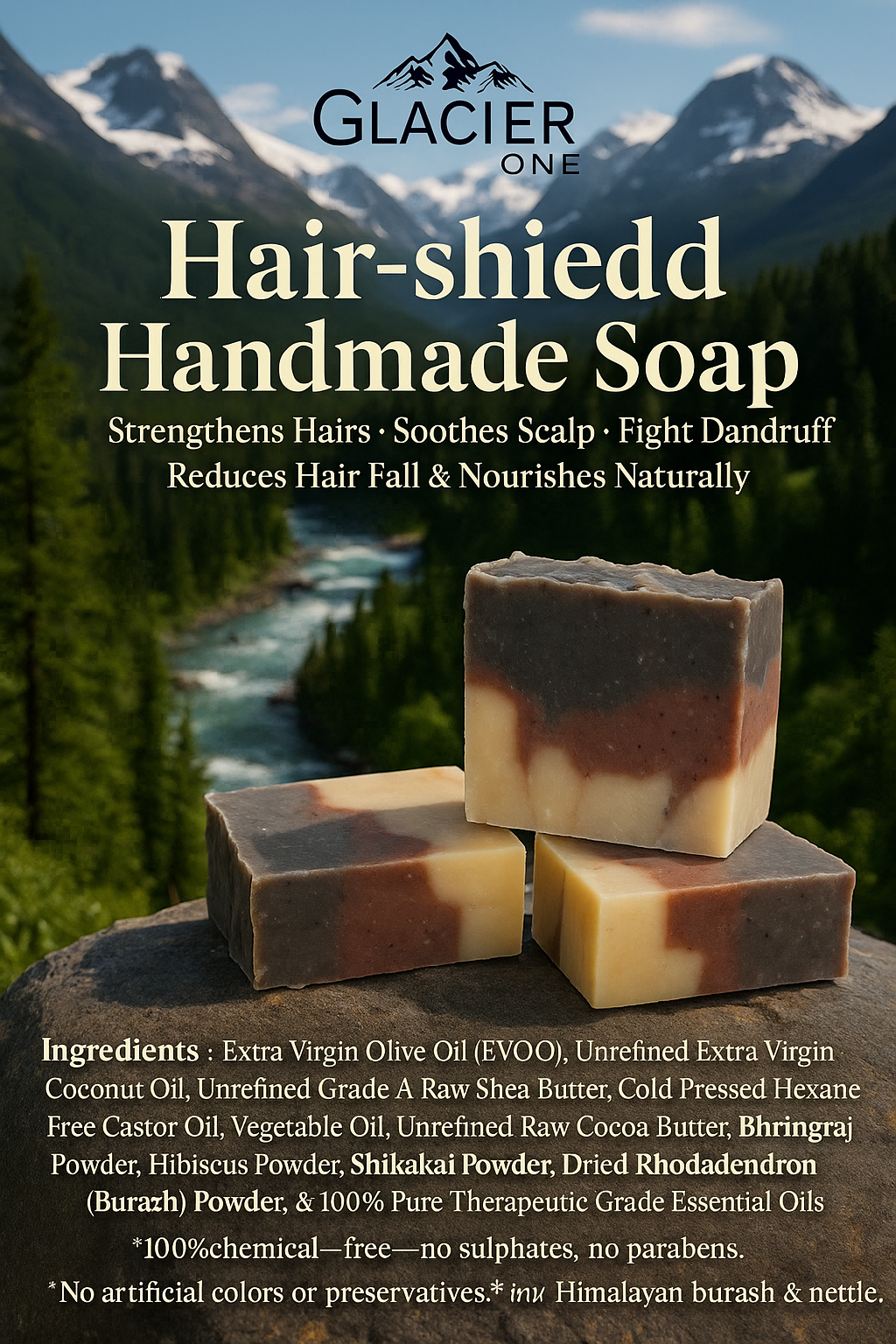 Glacier One Hair-shield Handmade Soap(Strengthens hairs soothes scalp fight dandruff reduce hairfall & nourishes naturally)