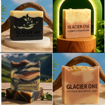 Premium Soap Combo of 4 Pack ( 1 Unit of Coffee-Activated Charcoal Scrub Soap, 1 Unit of Pink Himalayan Salt-Neem Scrub Soap,1 Unit of Glacier touch Soap,1 Unit of Himalayan Honey GlowSoap)