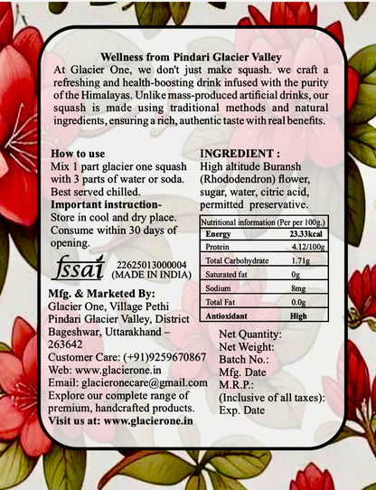 Pure Himalayan Rhododendron (Buransh) Squash With Touch Of Sweetness (High altitude glacier flower Drink Rich in antioxidant, high medicinal )